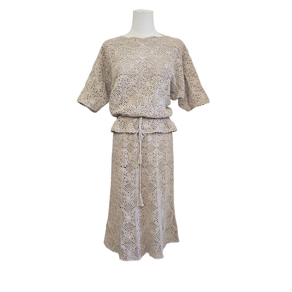 R&K Originals Vintage Womens Hand Crochet Knit Top & Skirt Set 10 Boho Natural